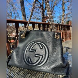 Gucci Soho Shoulder Bag with Gold Chain, Pebbled Leather, Black